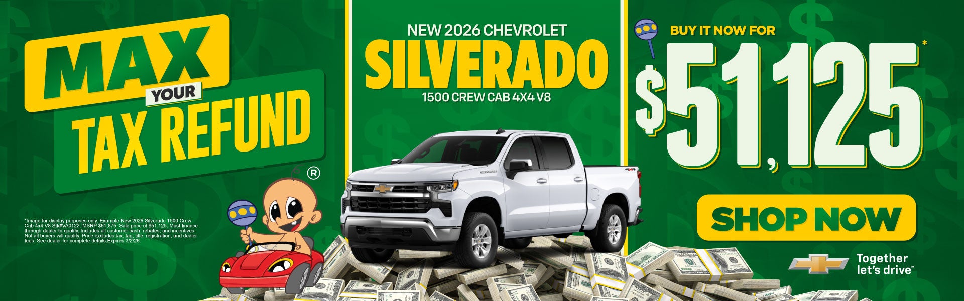 NEW 2026 SILVERADO 1500 CREW CAB 4x4 V8	Buy It Now $51,125*