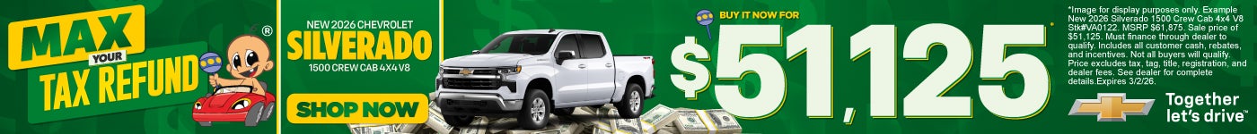 NEW 2026 SILVERADO 1500 CREW CAB 4x4 V8	Buy It Now $51,125*